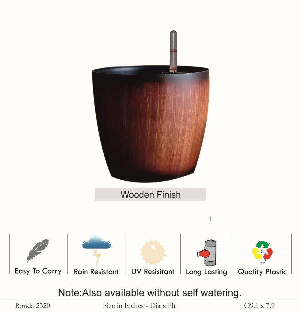 Ronda 2320 Wooden Finish Round Plastic Pot (Without Self-Watering Kit)