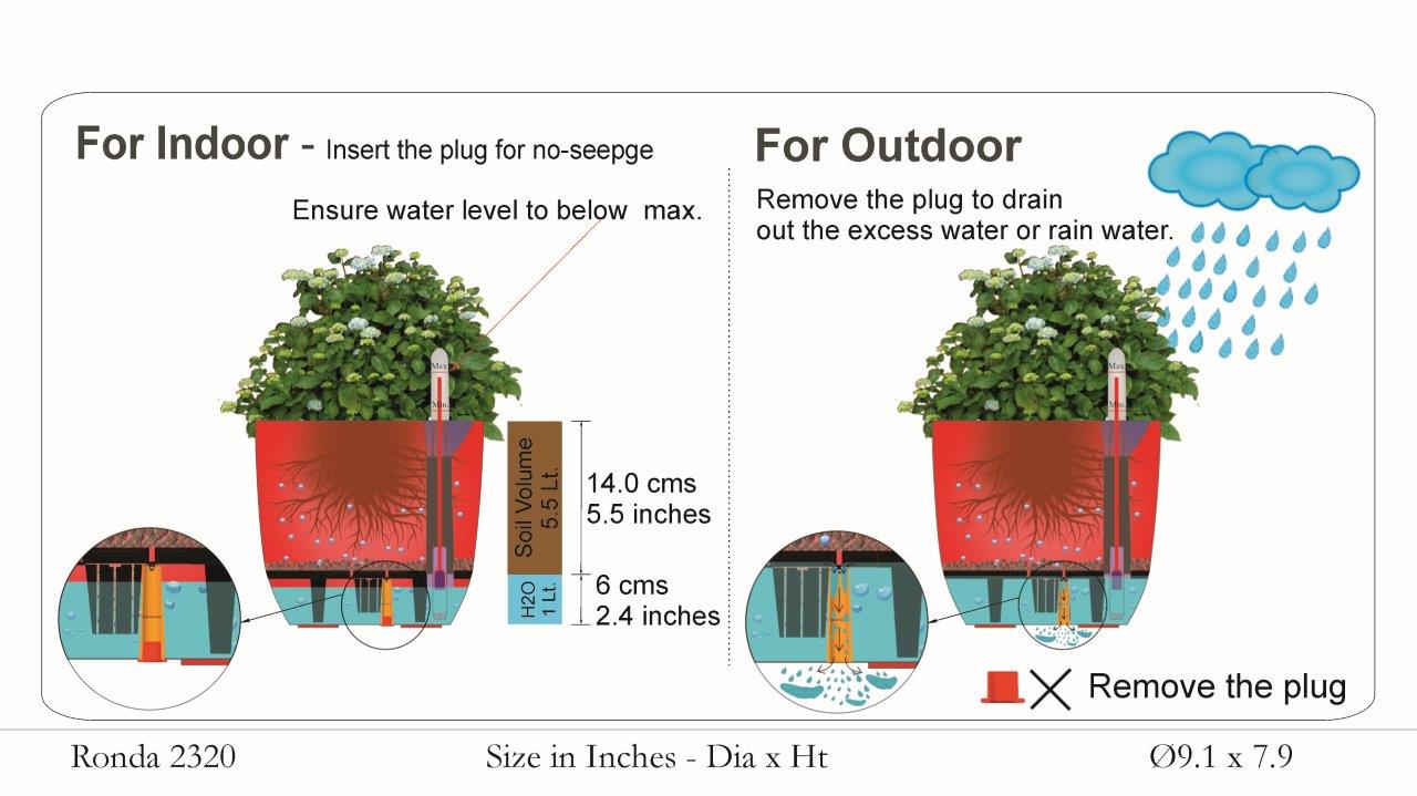 Ronda 2320 Round Plastic Pot With Self-Watering Kit (Wooden Finish)