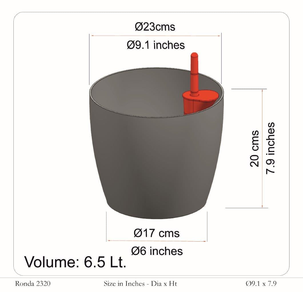 Ronda 2320 Round Plastic Pot With Self-Watering Kit (Wooden Finish)